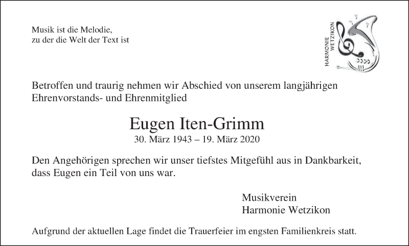  Traueranzeige für Eugen Iten-Grimm vom 24.03.2020 aus ZO solo