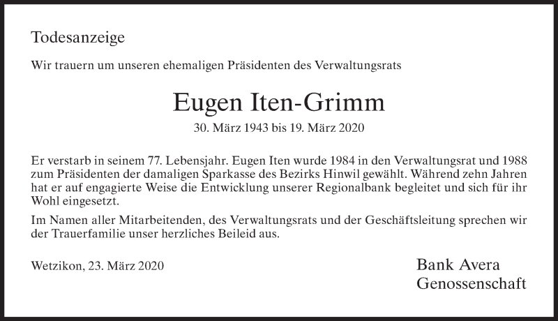  Traueranzeige für Eugen Iten Grimm vom 24.03.2020 aus ZO solo