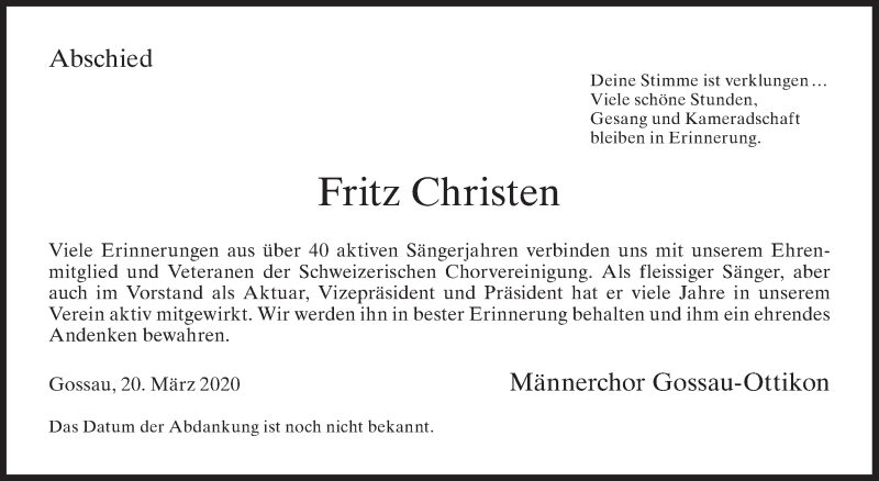  Traueranzeige für Fritz Christen vom 25.03.2020 aus ZO solo