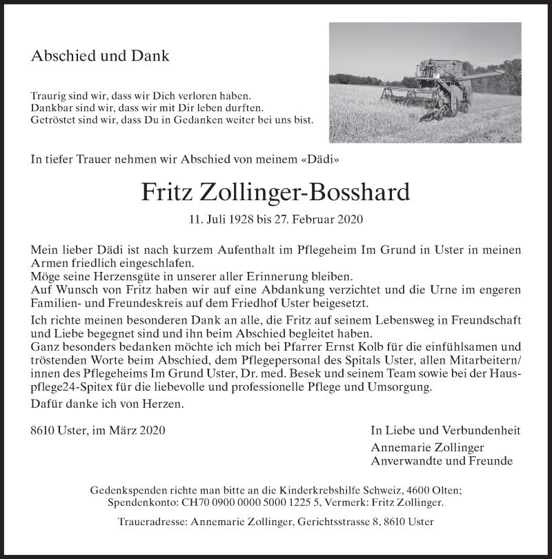  Traueranzeige für Fritz Zollinger-Bosshard vom 06.03.2020 aus AvU