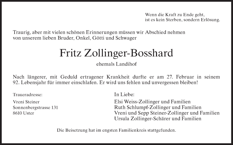  Traueranzeige für Fritz Zollinger-Bosshard vom 04.03.2020 aus AvU