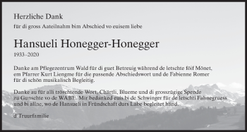 Traueranzeige von Hansueli Honegger-Honegger von ZO solo