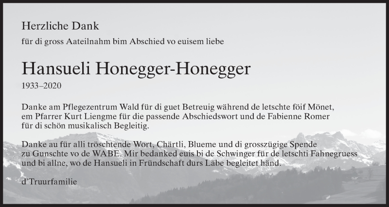  Traueranzeige für Hansueli Honegger-Honegger vom 25.03.2020 aus ZO solo
