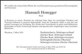 Traueranzeige von Hansueli Honegger von AvU