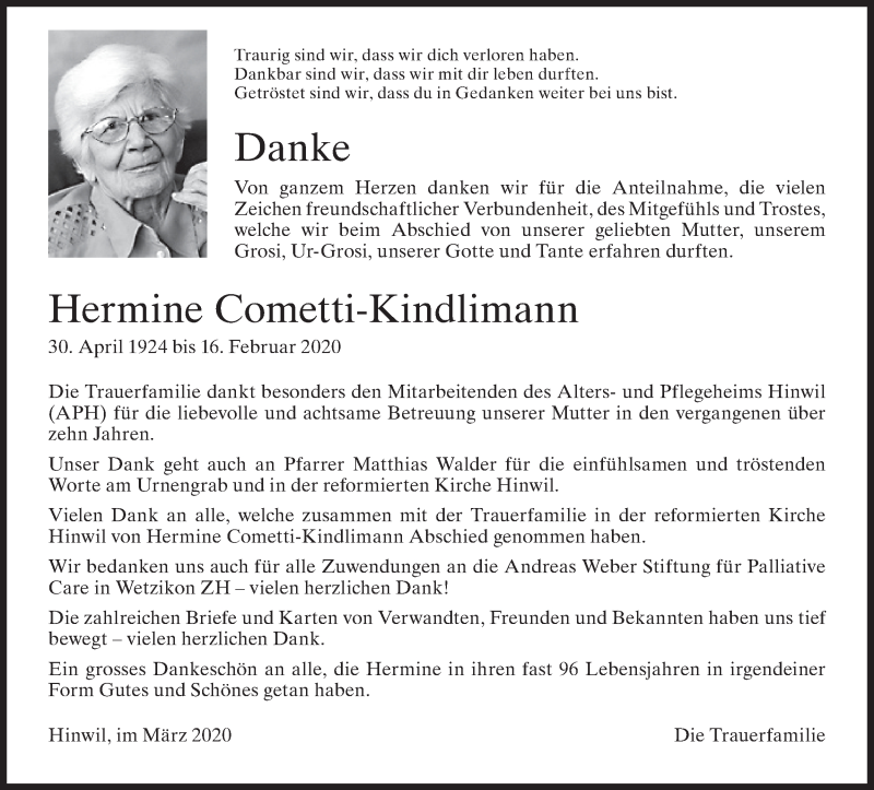  Traueranzeige für Hermine Cometti-Kindlimann vom 11.03.2020 aus ZO solo