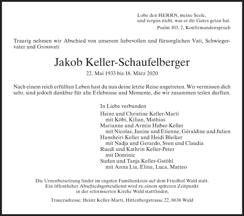  Traueranzeige für Jakob Keller-Schaufelberger vom 25.03.2020 aus ZO solo
