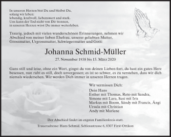 Traueranzeige von Johanna Schmid-Müller von ZO solo