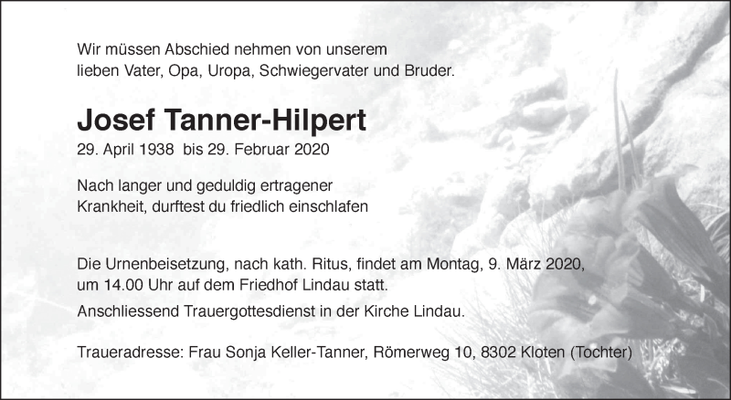  Traueranzeige für Josef Tanner-Hilpert vom 05.03.2020 aus reg_1