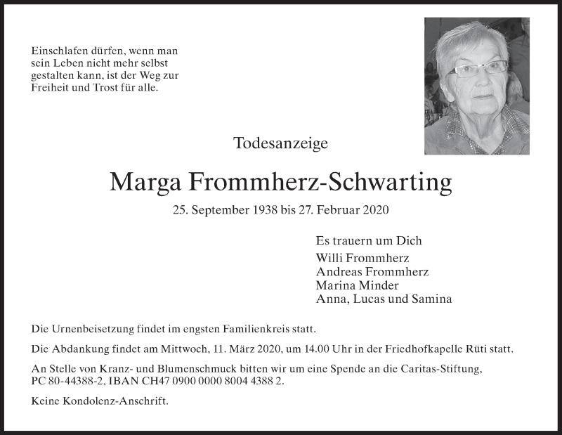  Traueranzeige für Marga Frommherz-Schwarting vom 07.03.2020 aus AvU