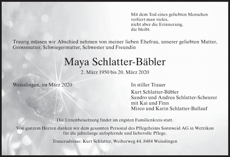  Traueranzeige für Maya Schlatter-Bäbler vom 25.03.2020 aus ZO solo