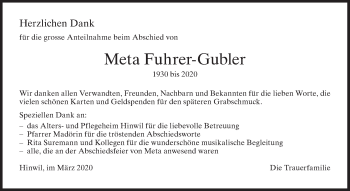 Traueranzeige von Meta Fuhrer-Gubler von ZO solo