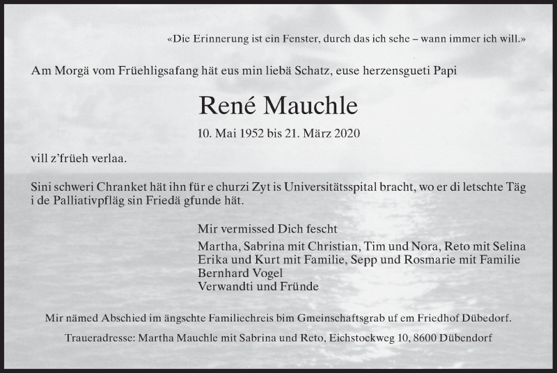  Traueranzeige für René Mauchle vom 27.03.2020 aus GL solo