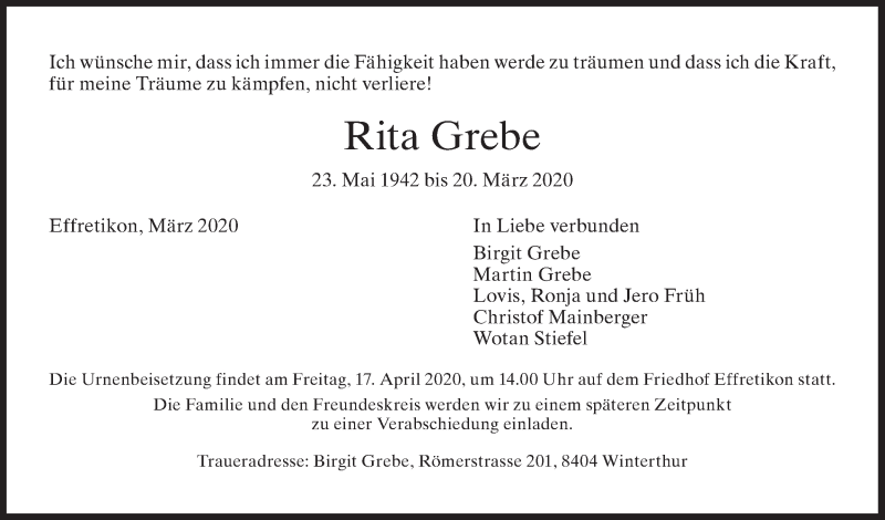  Traueranzeige für Rita Grebe vom 26.03.2020 aus reg_4