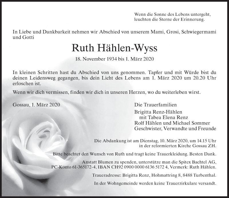  Traueranzeige für Ruth Hählen-Wyss vom 04.03.2020 aus AvU