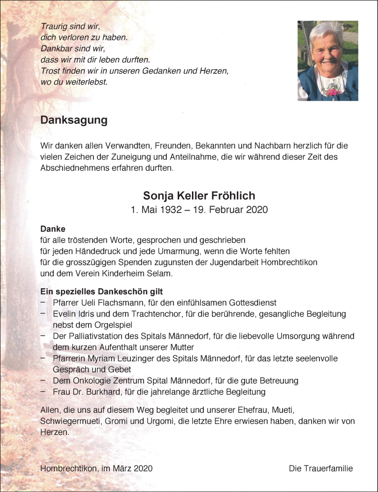  Traueranzeige für Sonja Keller Fröhlich vom 20.03.2020 aus AvU