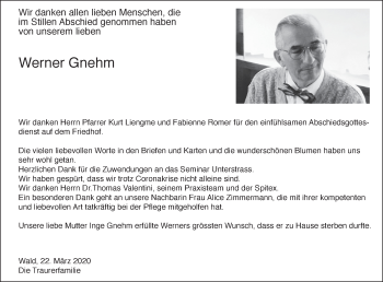 Traueranzeige von Werner Gnehm von ZO solo