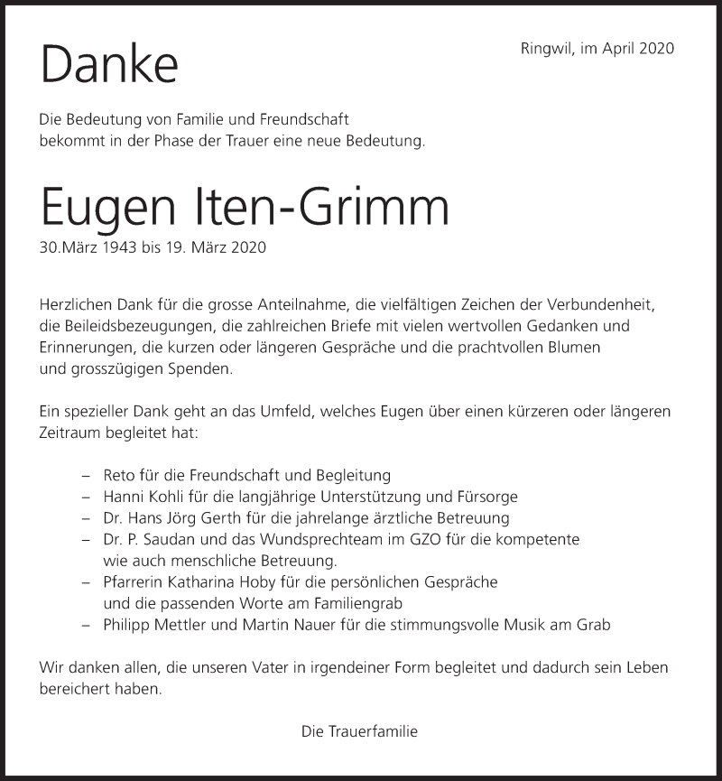  Traueranzeige für Eugen Iten-Grimm vom 22.04.2020 aus ZO solo