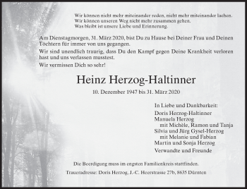 Traueranzeige von Heinz Herzog-Haltinner von AvU