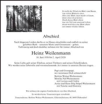 Traueranzeige von Heinz Weilenmann von VO solo