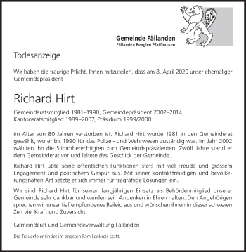 Traueranzeige von Richard Hirt von VO solo