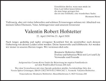 Traueranzeige von Valentin Robert Hofstetter von AvU