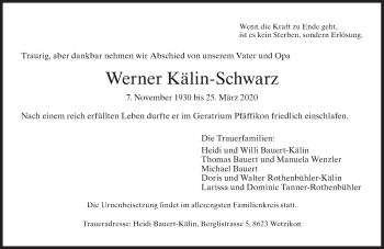 Traueranzeige von Werner Kälin-Schwarz von ZO solo