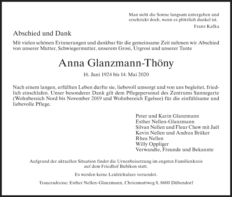  Traueranzeige für Anna Glanzmann-Thöny vom 20.05.2020 aus ZO solo
