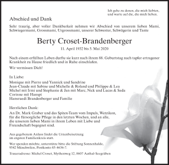 Traueranzeige von Berty Croset-Brandenberger von ZO solo