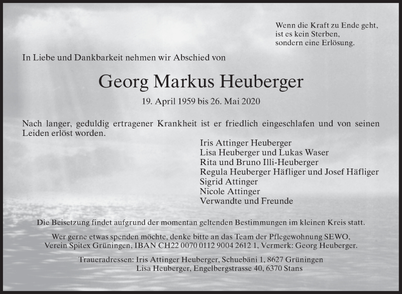  Traueranzeige für Georg Markus Heuberger vom 30.05.2020 aus ZO solo