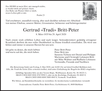 Traueranzeige von Gertrud Britt-Peter von ZO solo
