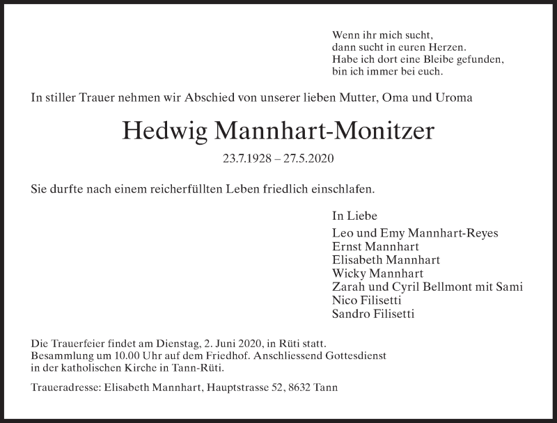  Traueranzeige für Hedwig Mannhart-Monitzer vom 29.05.2020 aus ZO solo