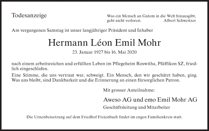  Traueranzeige für Hermann Leon Emil Mohr vom 22.05.2020 aus AvU