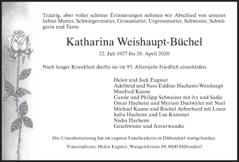 Traueranzeige von Katharina Weishaupt-Büchel von GL solo