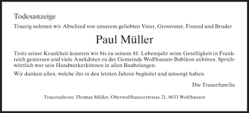 Traueranzeige von Paul Müller von AvU