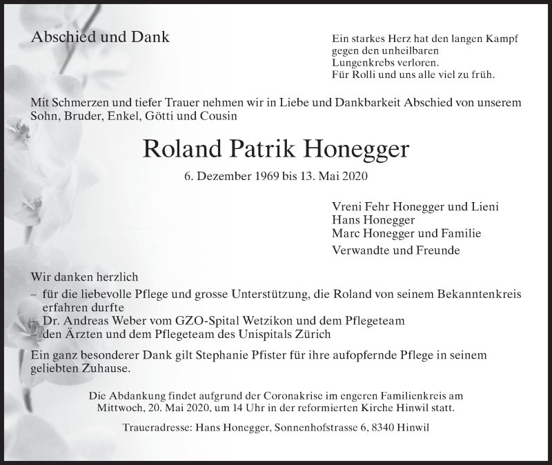  Traueranzeige für Roland Patrik Honegger vom 16.05.2020 aus ZO solo