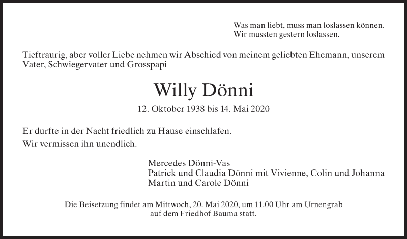  Traueranzeige für Willy Dönni vom 16.05.2020 aus ZO solo