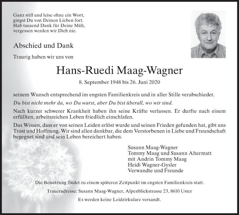  Traueranzeige für Hans-Ruedi Maag-Wagner vom 01.07.2020 aus ZO solo