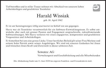 Traueranzeige von Harald Wissiak von ZO solo