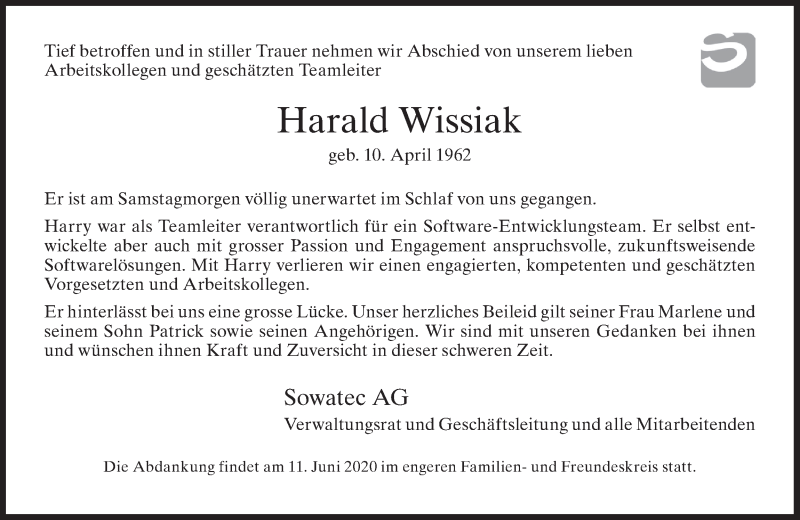  Traueranzeige für Harald Wissiak vom 10.06.2020 aus ZO solo