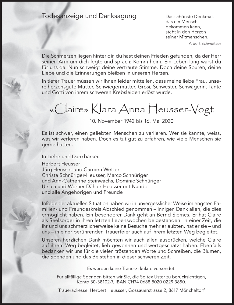  Traueranzeige für Klara Anna Heusser-Vogt vom 10.06.2020 aus ZO solo