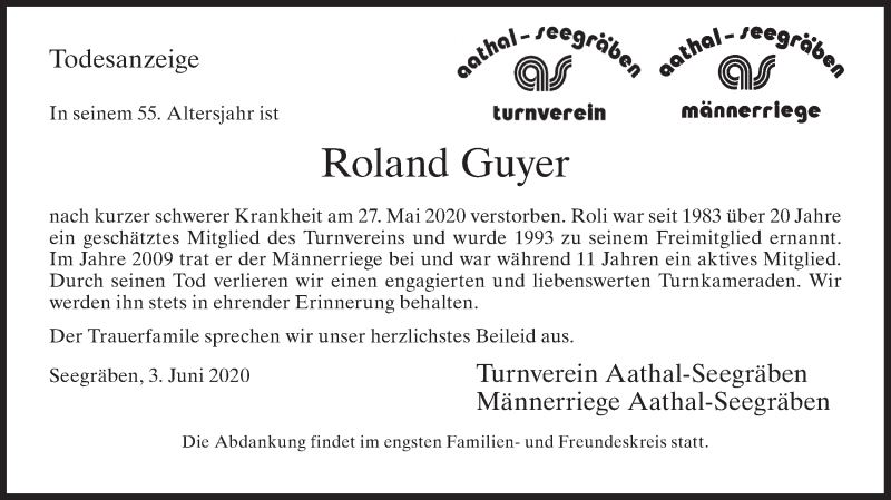  Traueranzeige für Roland Guyer vom 04.06.2020 aus ZO solo