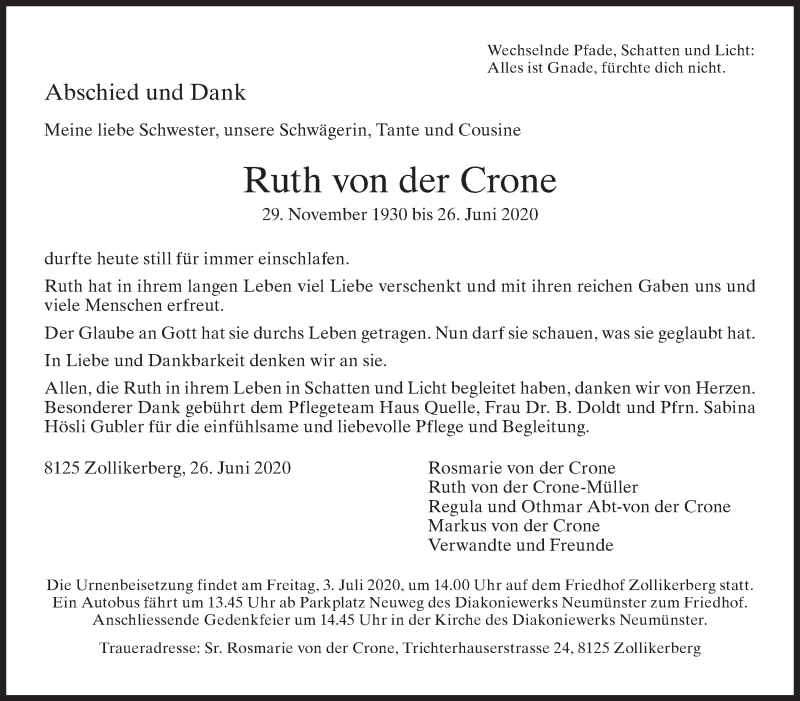  Traueranzeige für Ruth von der Crone vom 01.07.2020 aus ZO solo