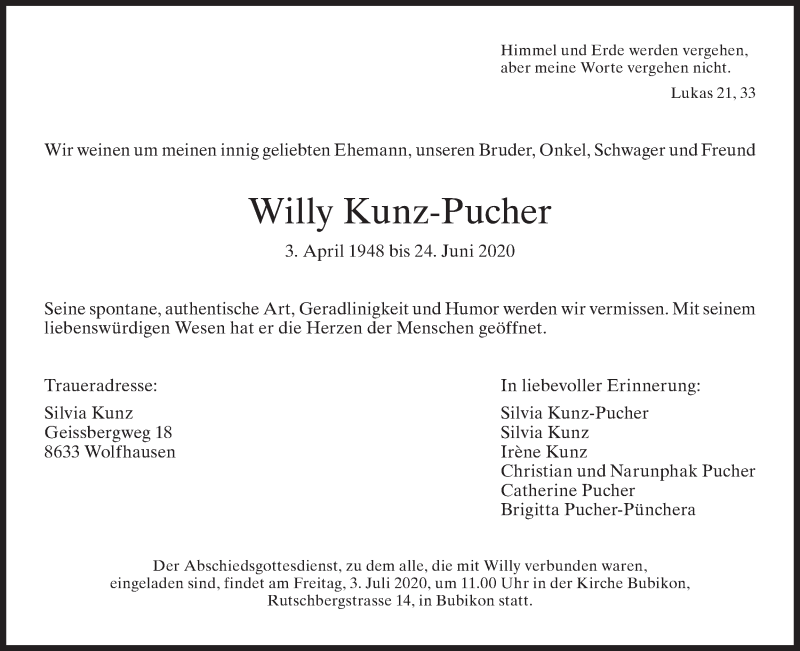  Traueranzeige für Willy Kunz-Pucher vom 27.06.2020 aus ZO solo