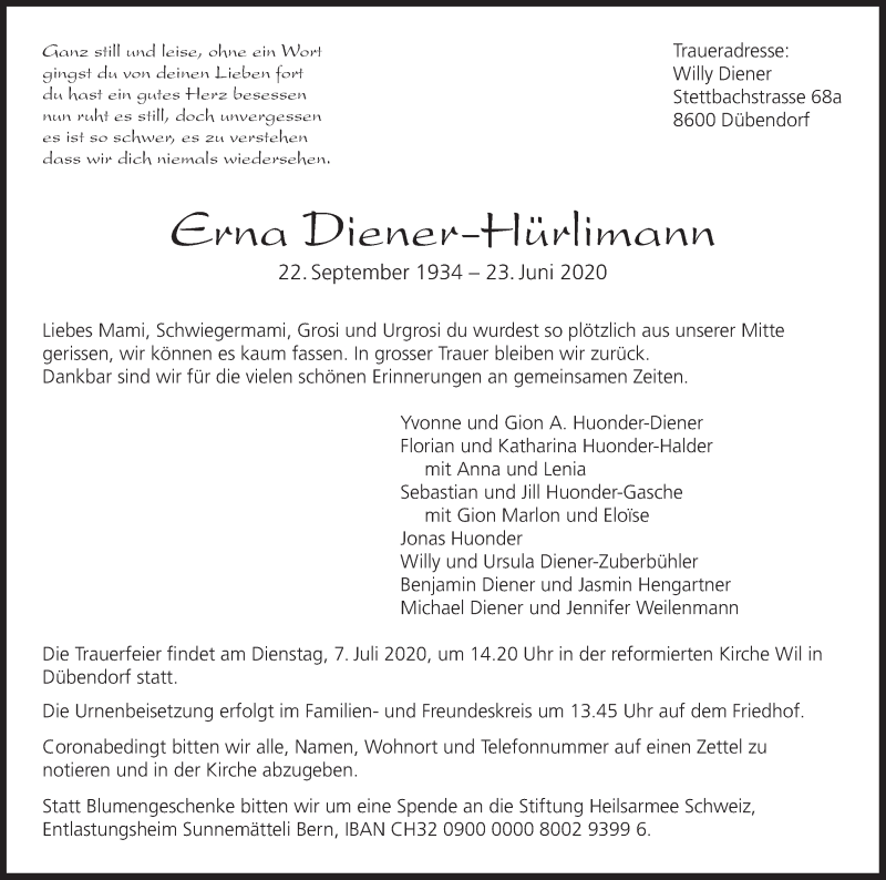  Traueranzeige für Erna Diener-Hürlimann vom 03.07.2020 aus VO solo