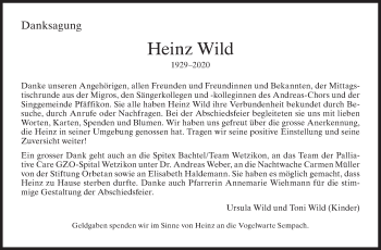 Traueranzeige von Heinz Wild von ZO solo