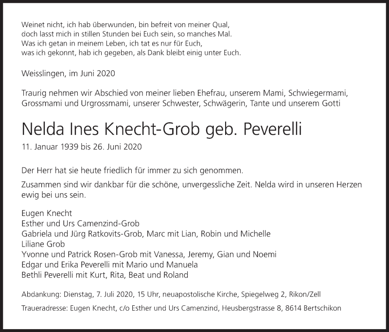  Traueranzeige für Nelda Ines Knecht-Grob vom 03.07.2020 aus VO solo