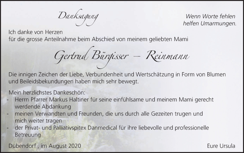  Traueranzeige für Gertrud Bürgisser–Reinmann vom 07.08.2020 aus VO solo