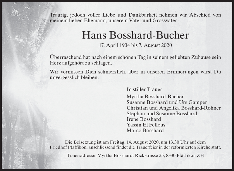  Traueranzeige für Hans Bosshard-Bucher vom 11.08.2020 aus AvU