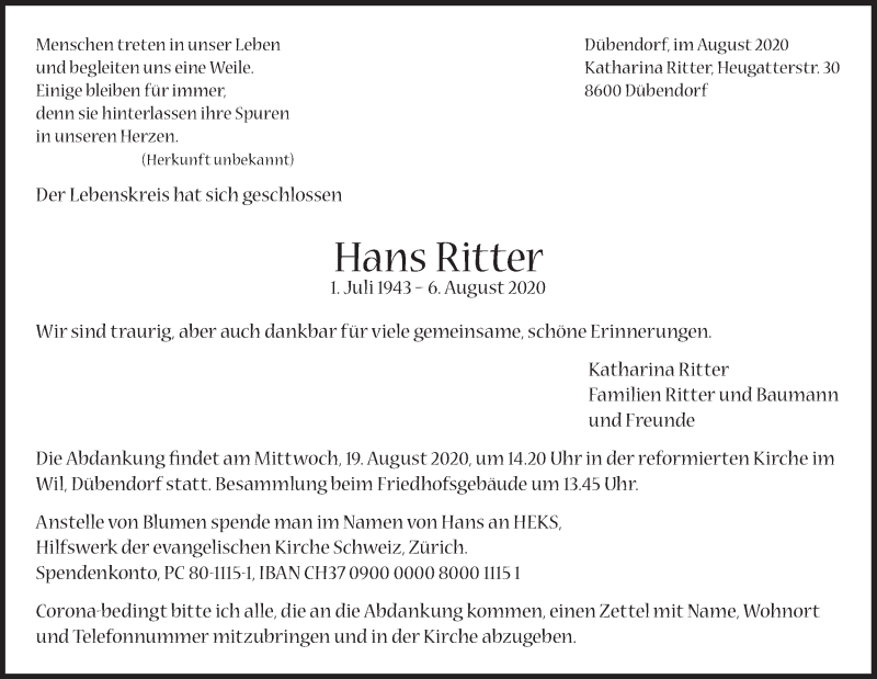  Traueranzeige für Hans Ritter vom 14.08.2020 aus VO solo
