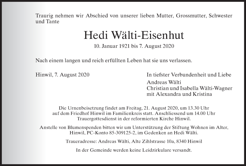  Traueranzeige für Hedi Wälti-Eisenhut vom 12.08.2020 aus AvU